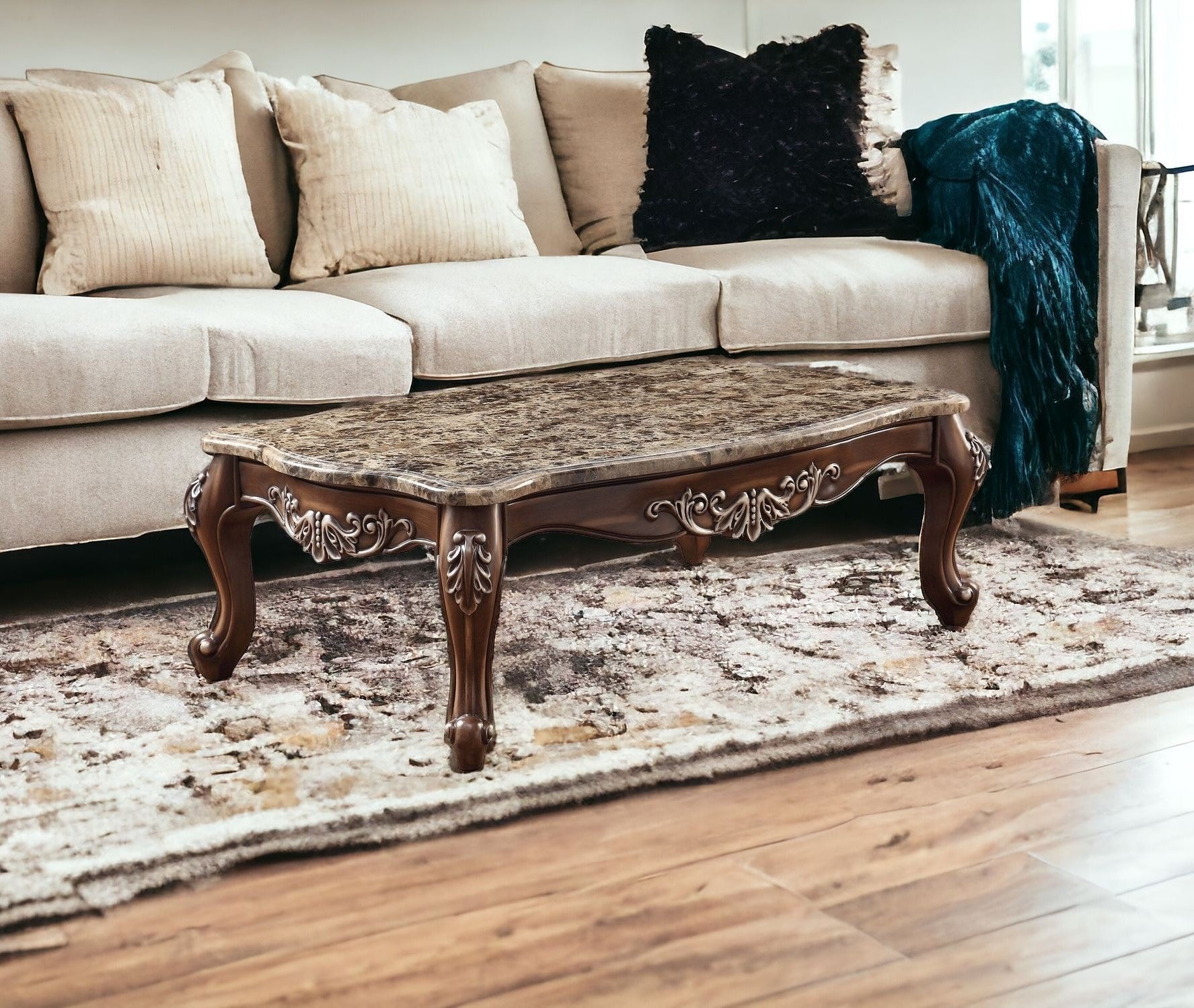 57" Brown and Oak Faux Marble And Wood Coffee Table-Coffee Tables-DECOROLALA