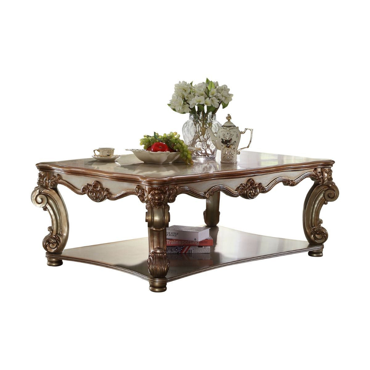 58" Gold Wood Floor Shelf Coffee Table With Shelf-Coffee Tables-DECOROLALA