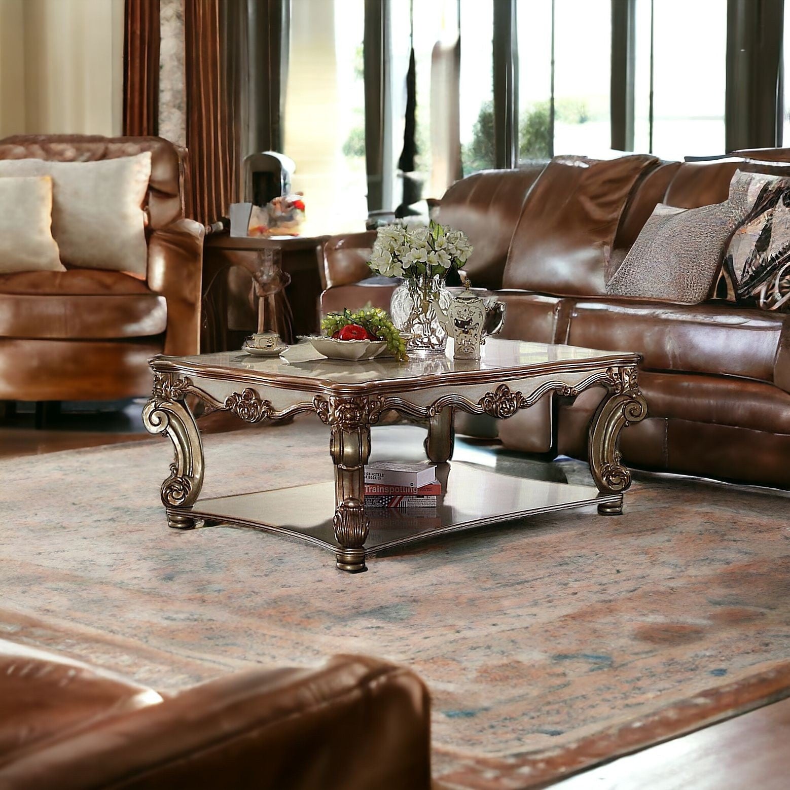 58" Gold Wood Floor Shelf Coffee Table With Shelf-Coffee Tables-DECOROLALA