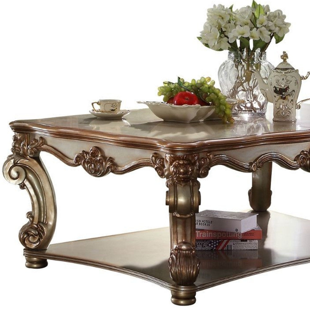 58" Gold Wood Floor Shelf Coffee Table With Shelf-Coffee Tables-DECOROLALA