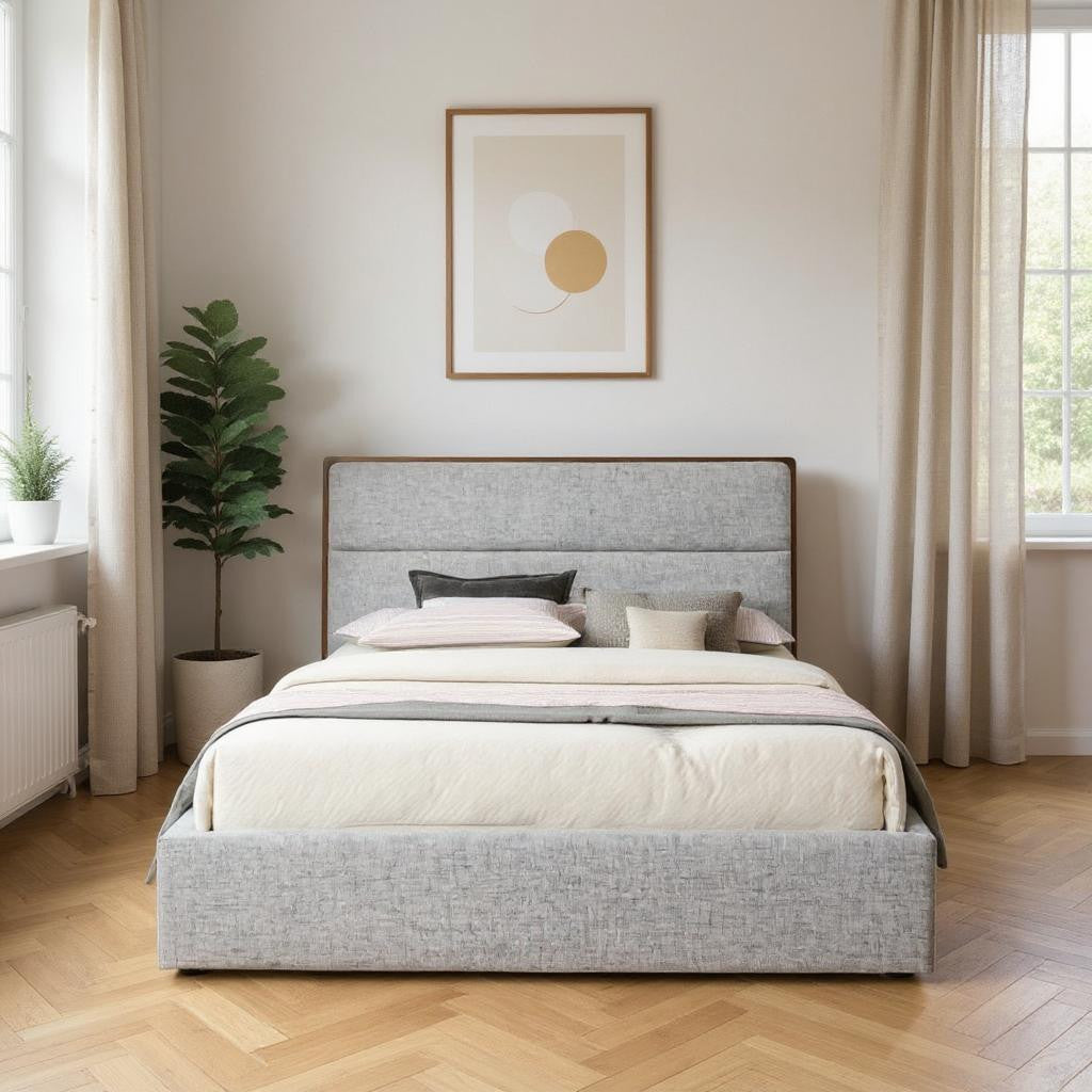 Brown and Gray Wood Upholstered King Bed Frame-0