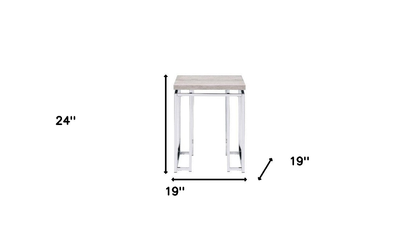 24" Chrome And Natural Oak Manufactured Wood And Metal Square End Table-End-Side Tables-DECOROLALA
