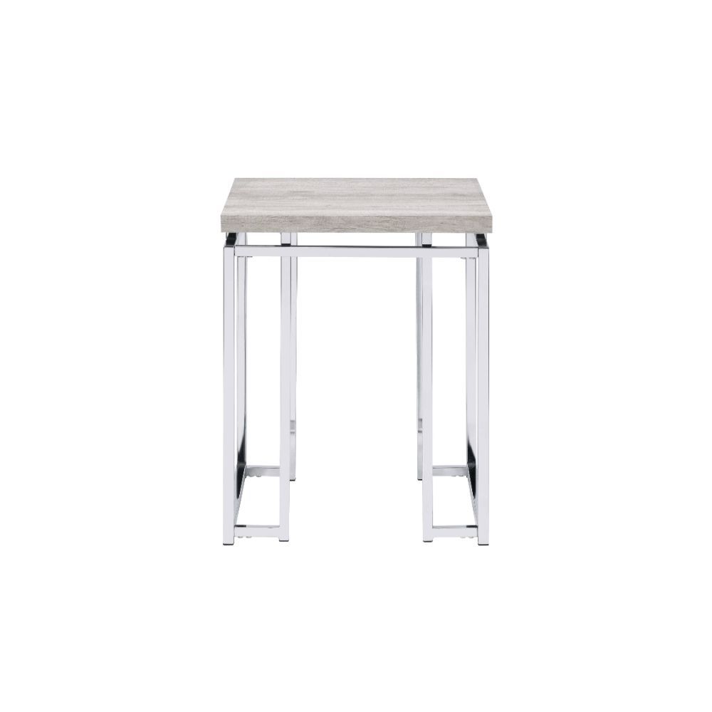 24" Chrome And Natural Oak Manufactured Wood And Metal Square End Table-End-Side Tables-DECOROLALA