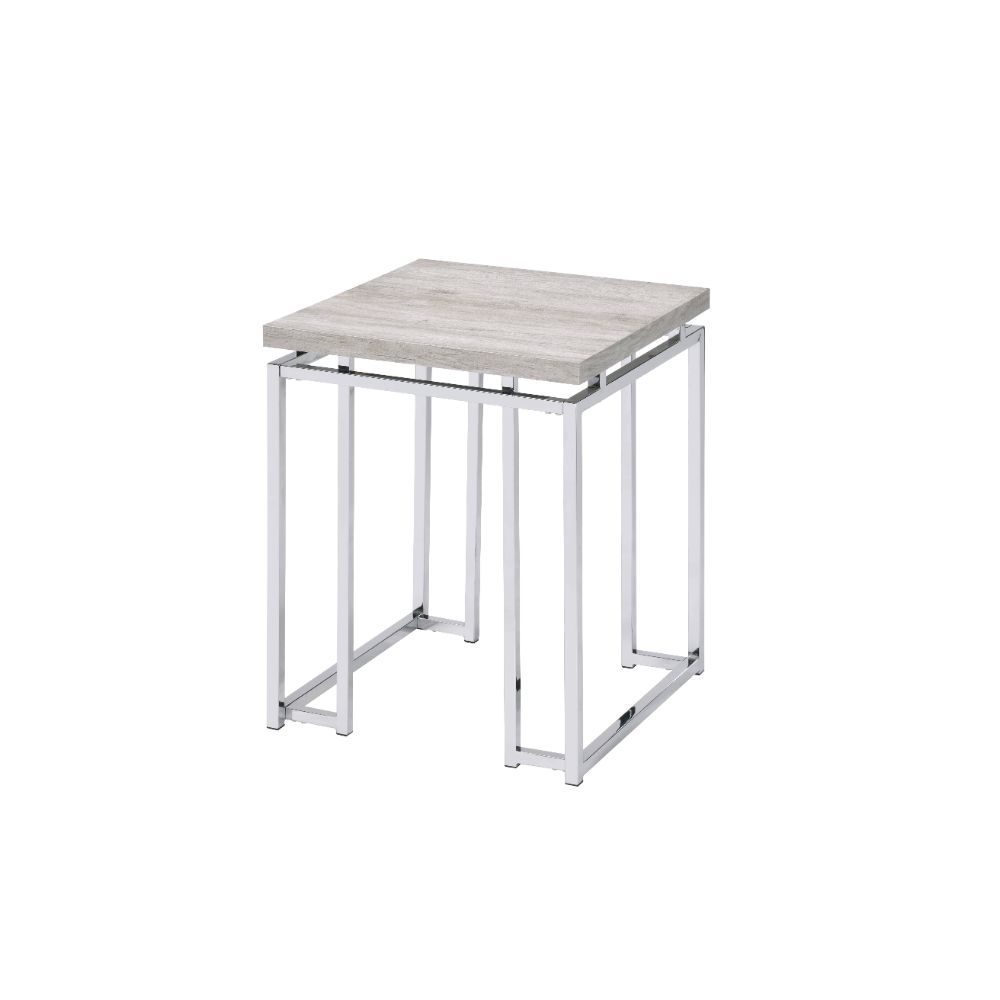 24" Chrome And Natural Oak Manufactured Wood And Metal Square End Table-End-Side Tables-DECOROLALA