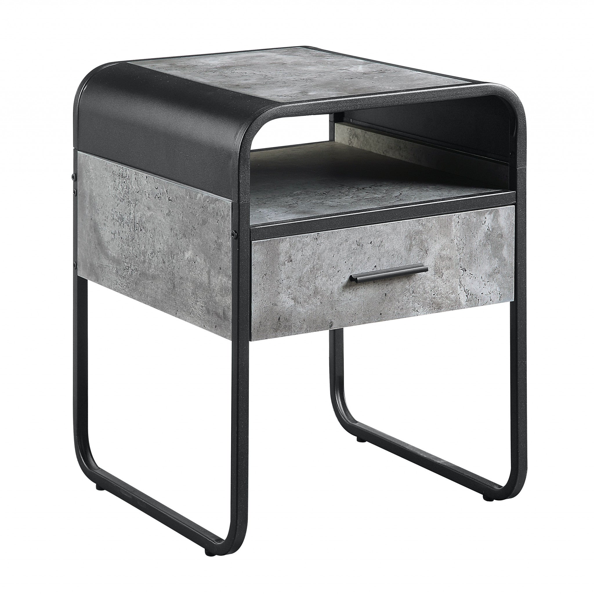 22" Black And Gray Wood And Metal Square End Table With Drawer And Shelf-End-Side Tables-DECOROLALA