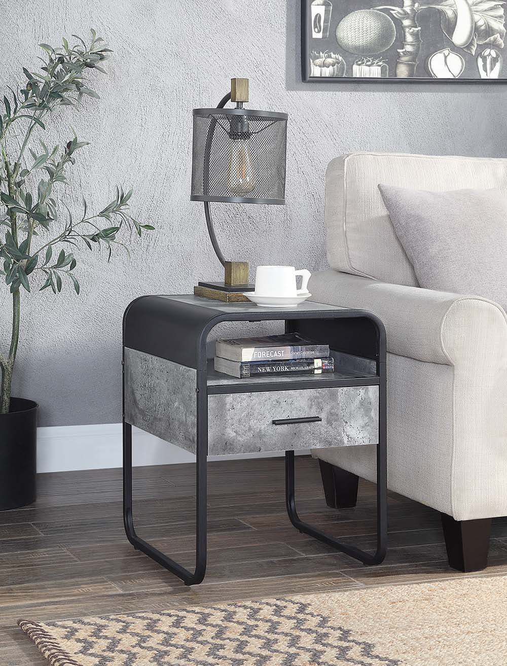22" Black And Gray Wood And Metal Square End Table With Drawer And Shelf-End-Side Tables-DECOROLALA