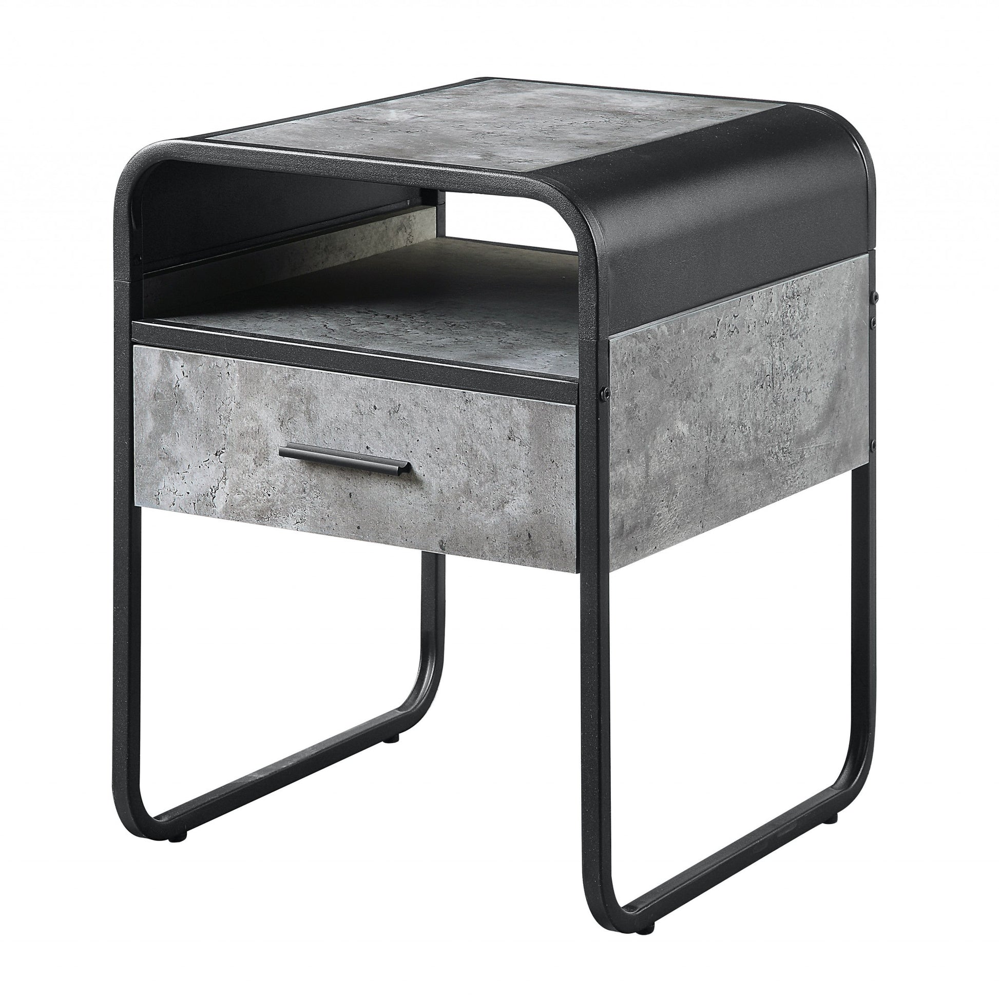 22" Black And Gray Wood And Metal Square End Table With Drawer And Shelf-End-Side Tables-DECOROLALA