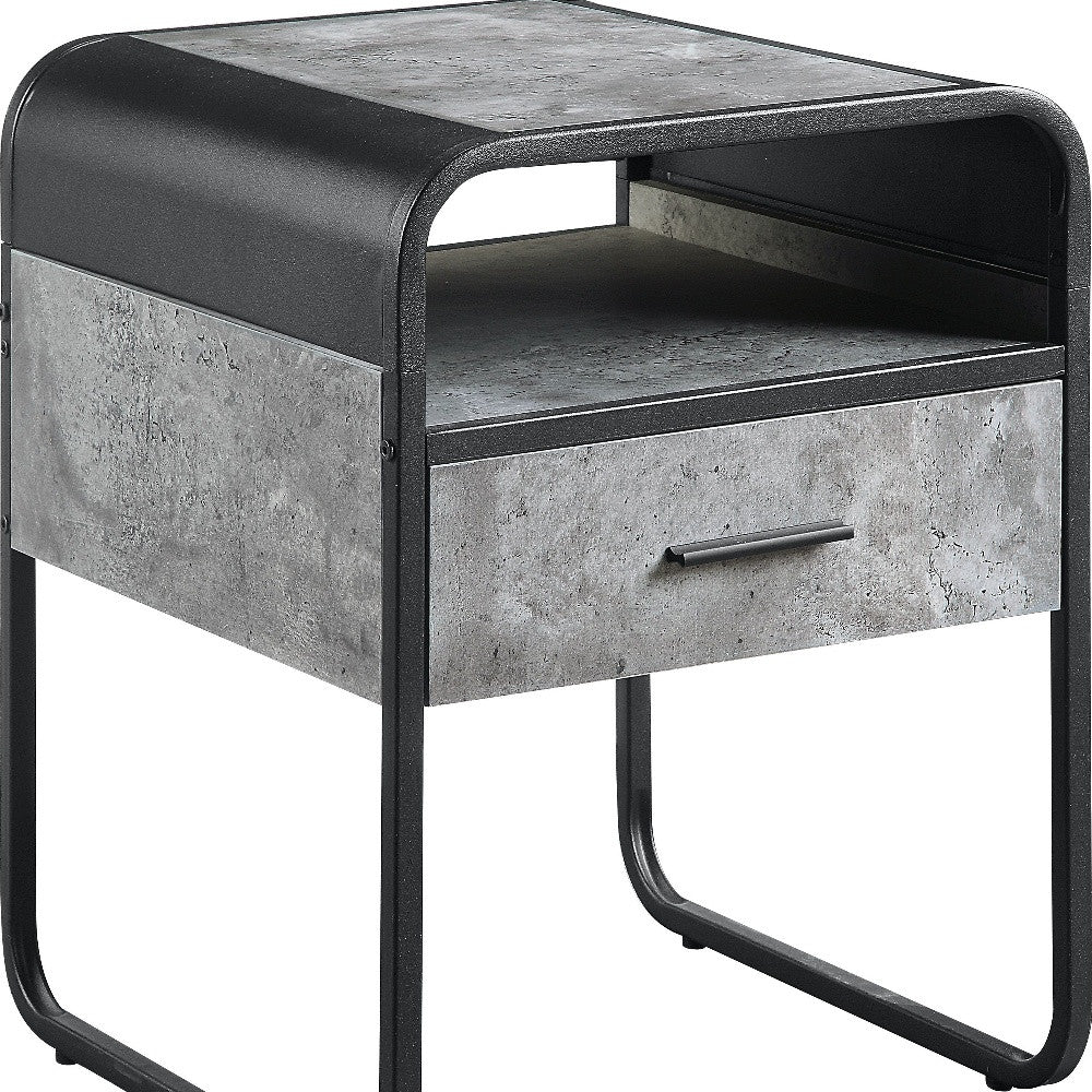 22" Black And Gray Wood And Metal Square End Table With Drawer And Shelf-End-Side Tables-DECOROLALA