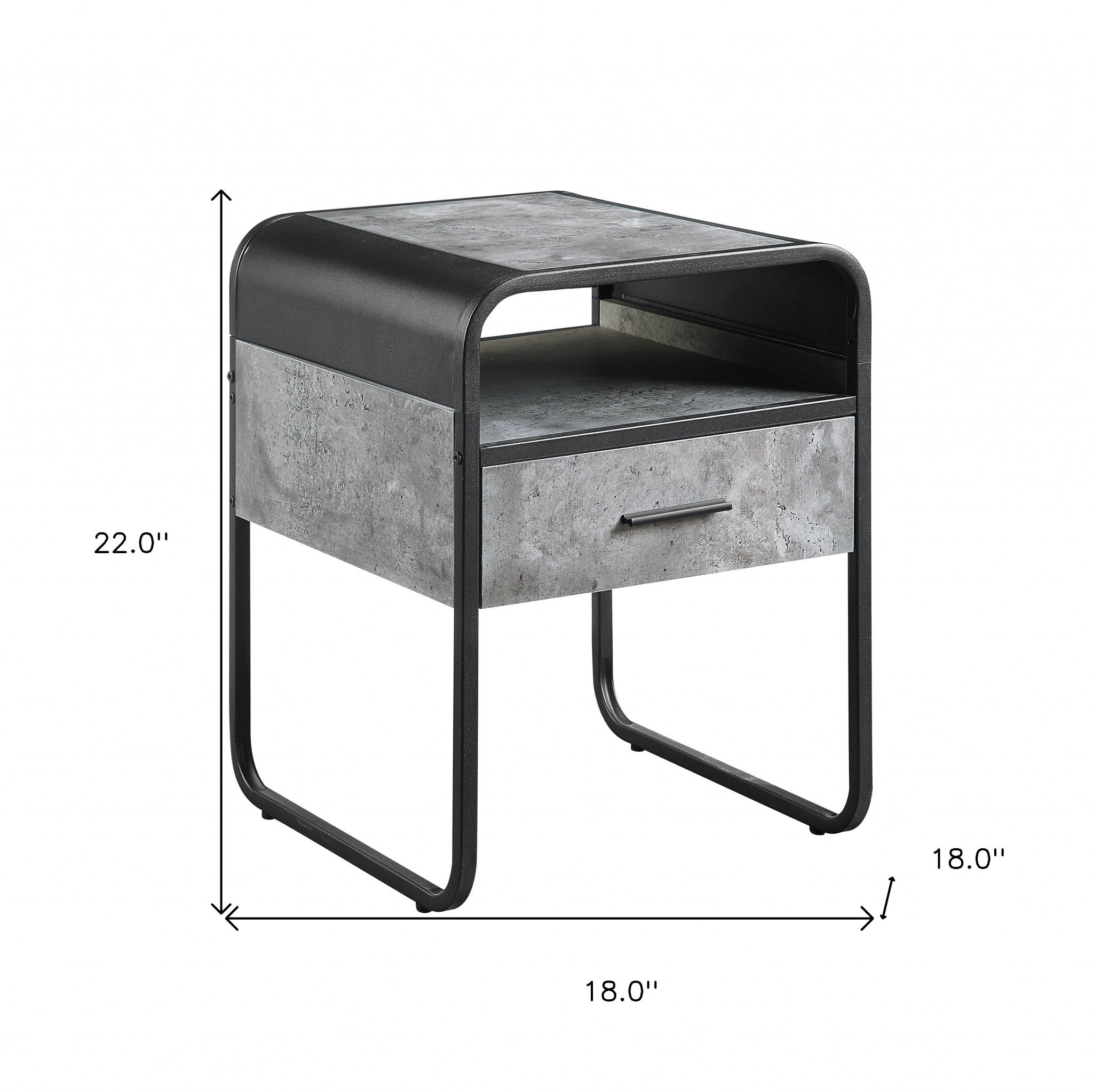22" Black And Gray Wood And Metal Square End Table With Drawer And Shelf-End-Side Tables-DECOROLALA