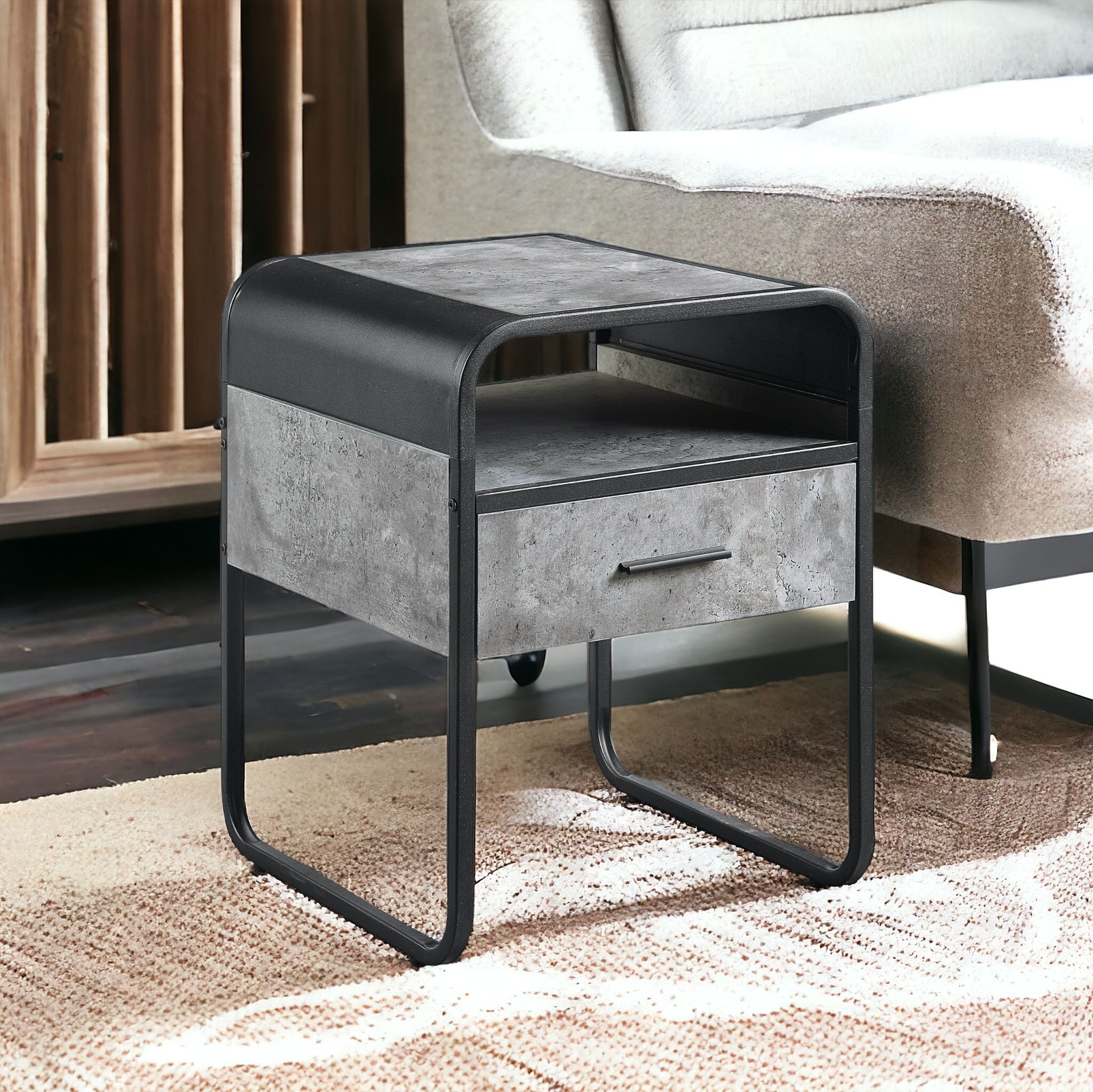 22" Black And Gray Wood And Metal Square End Table With Drawer And Shelf-End-Side Tables-DECOROLALA