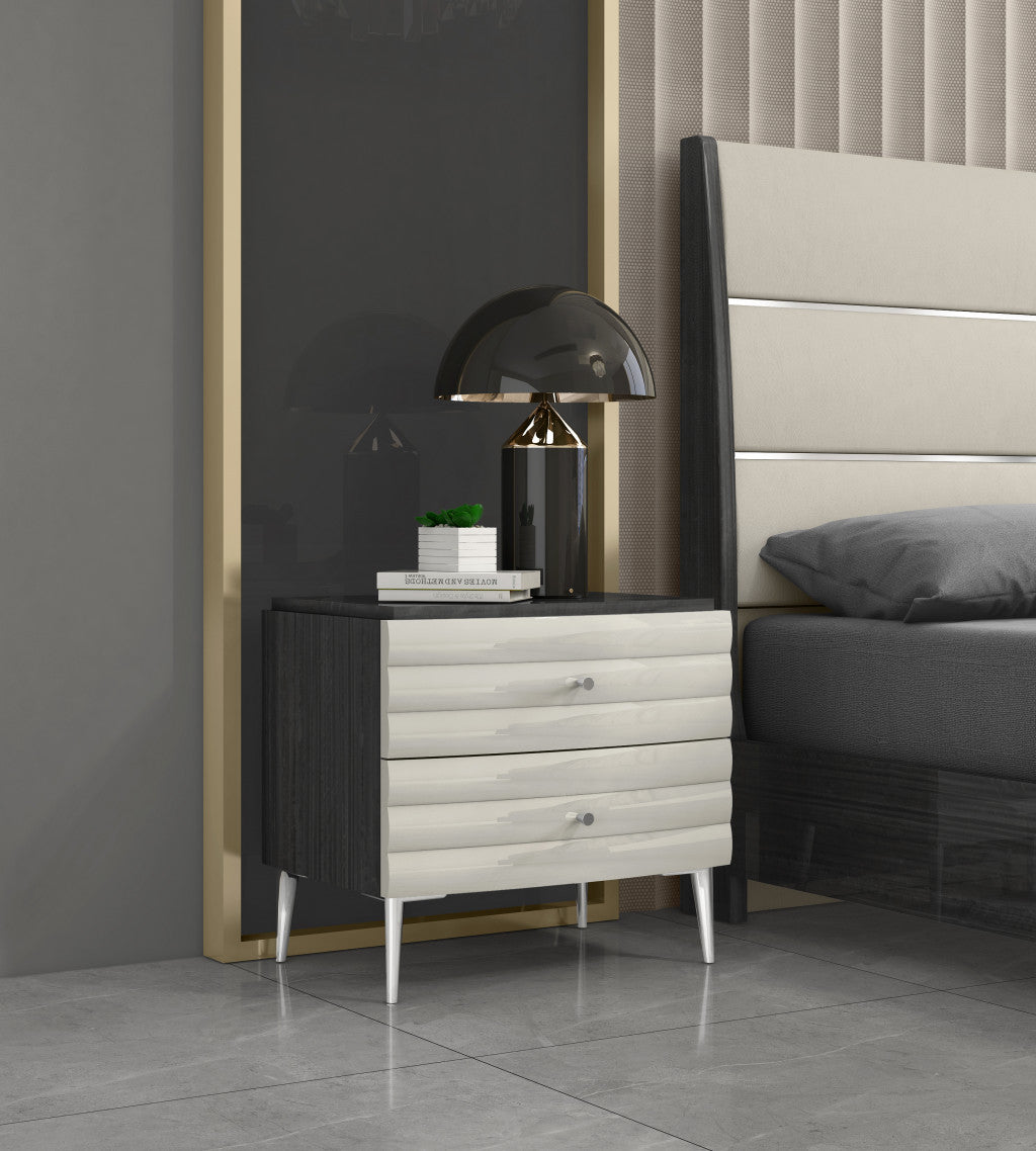 18" Dark Gray And Ivory Light Gray Two Drawer Nightstand-Nightstands & Bedside Tables-DECOROLALA