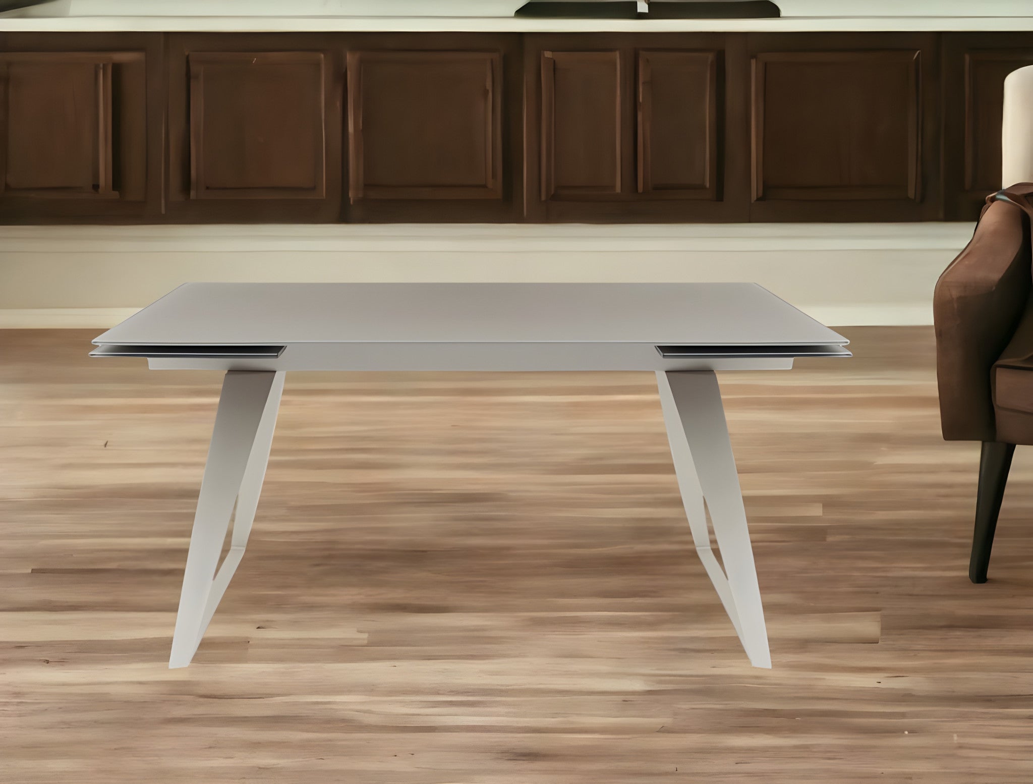 94" Gray Glass And Metal Self-Storing Leaf Sled Base Dining Table-Dining Tables-DECOROLALA