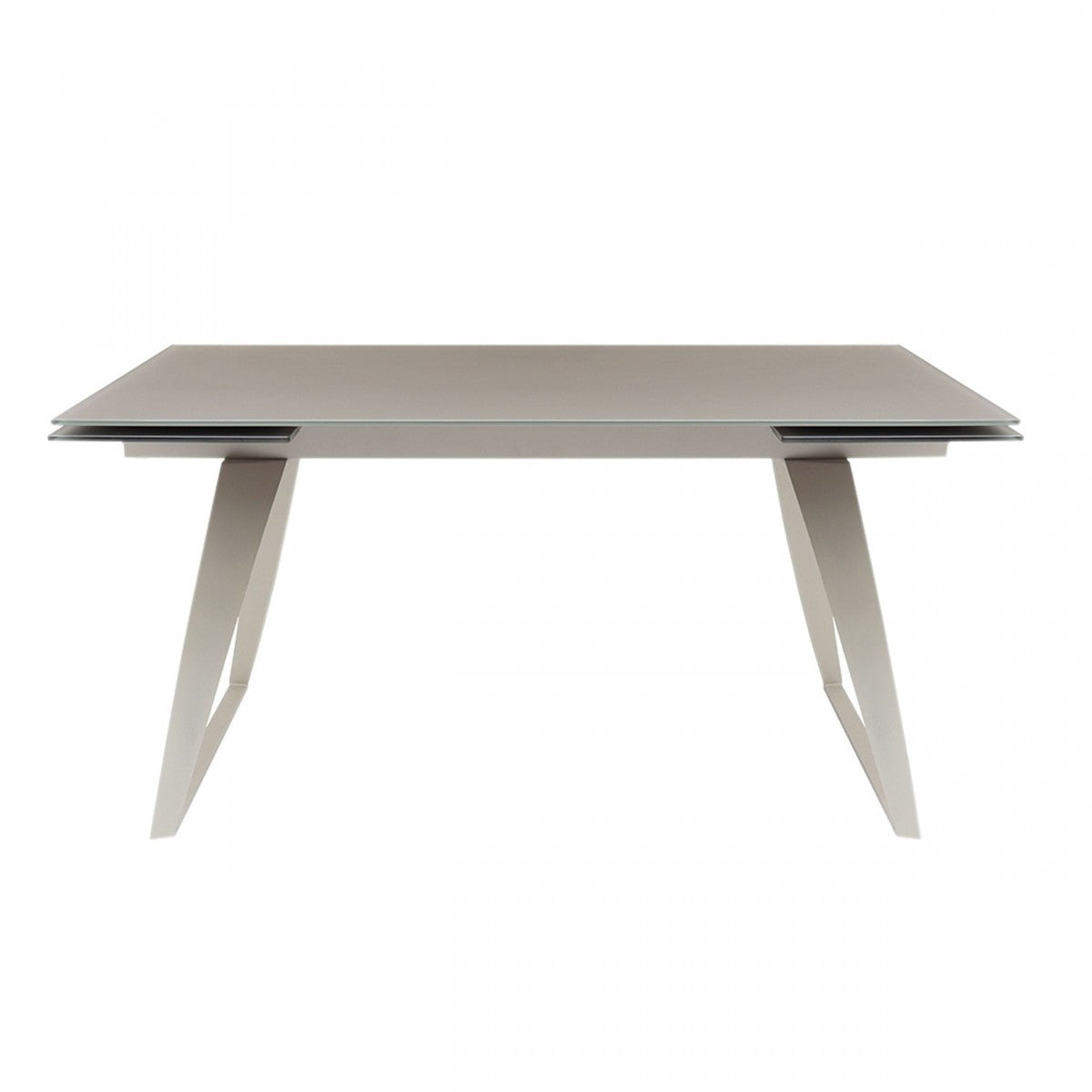 94" Gray Glass And Metal Self-Storing Leaf Sled Base Dining Table-Dining Tables-DECOROLALA