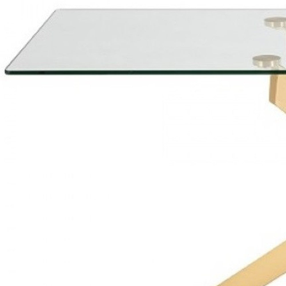 63" Clear And Gold Rectangular Glass And Stainless Steel Dining Table-Dining Tables-DECOROLALA