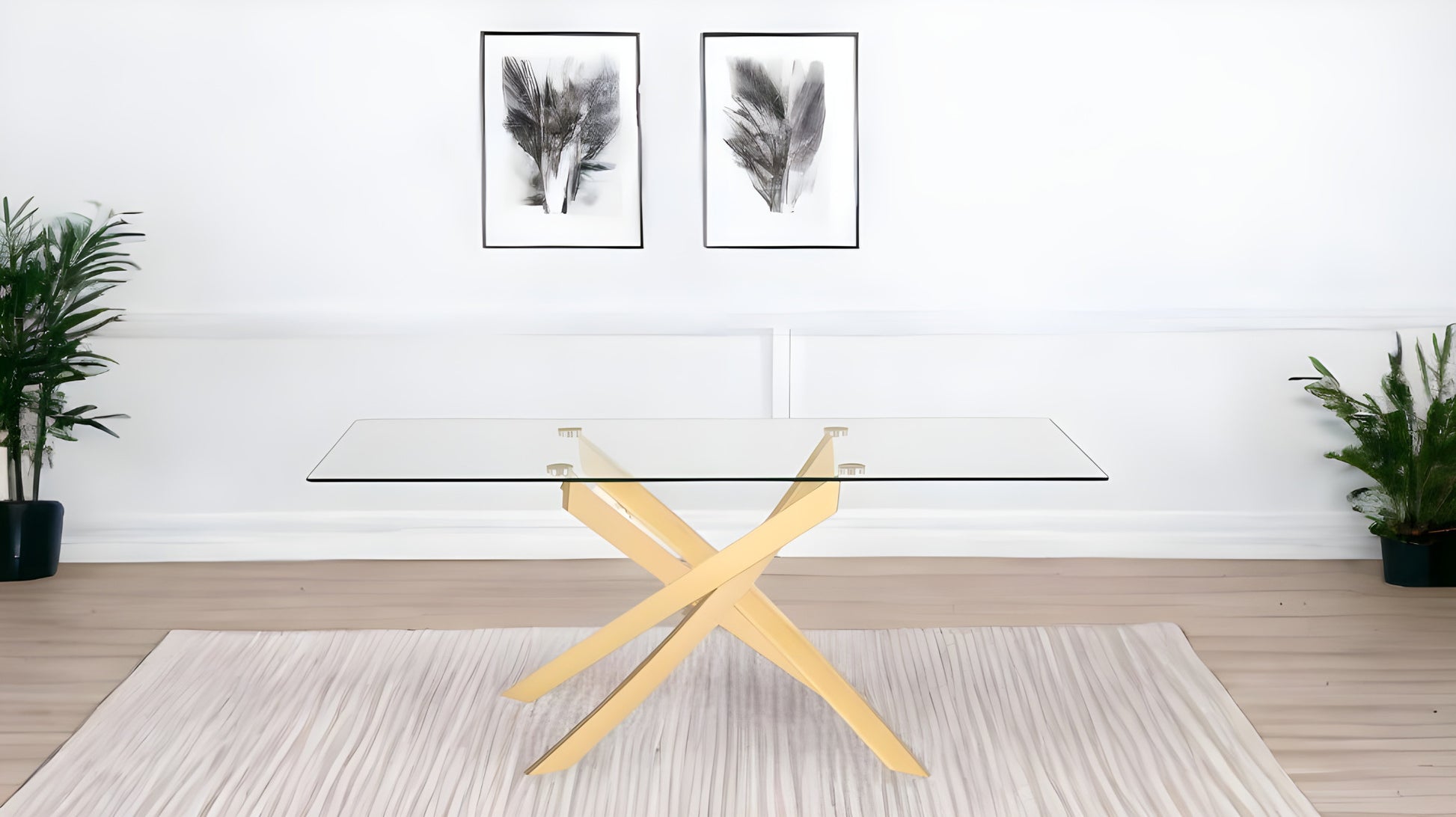 63" Clear And Gold Rectangular Glass And Stainless Steel Dining Table-Dining Tables-DECOROLALA