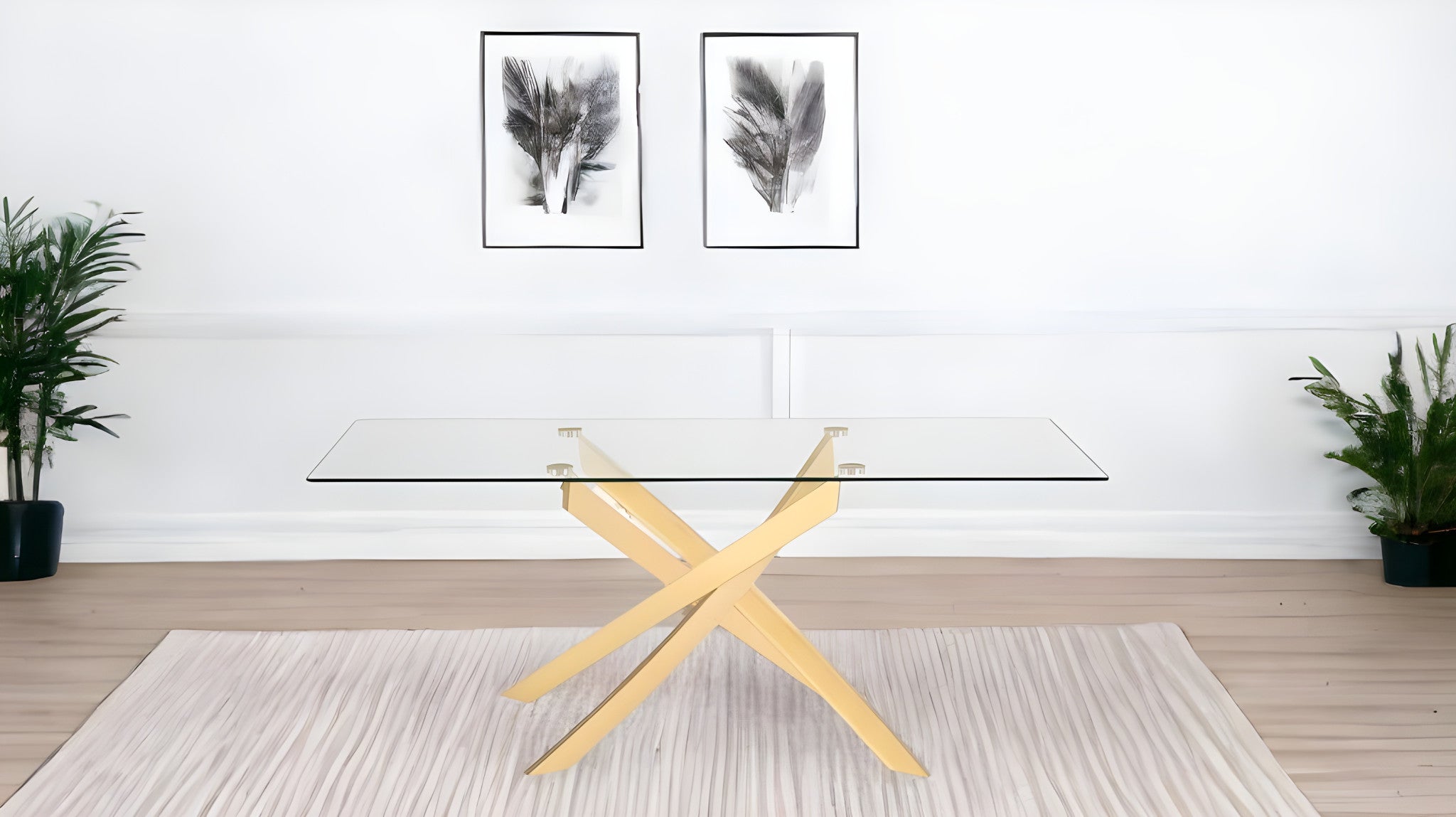 63" Clear And Gold Rectangular Glass And Stainless Steel Dining Table-Dining Tables-DECOROLALA