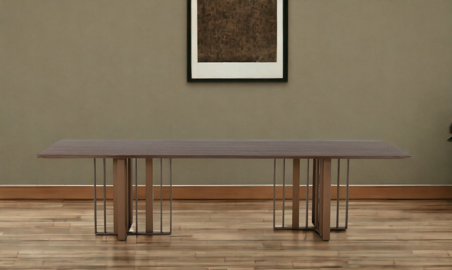 118" Brown And Brass Stainless Steel Double Pedestal Base Dining Table-Dining Tables-DECOROLALA
