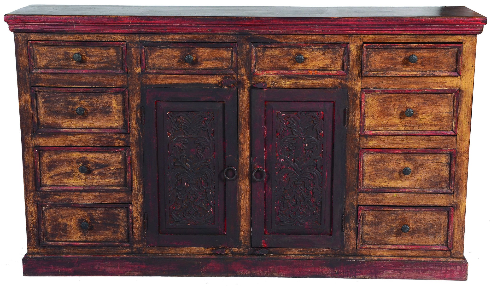 72" Brown And Red Distressed Solid Wood Carved Scrollwork Ten Drawer Buffet Table with Two Doors-Sideboards-DECOROLALA