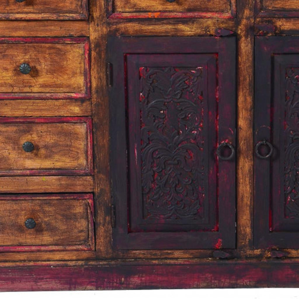 72" Brown And Red Distressed Solid Wood Carved Scrollwork Ten Drawer Buffet Table with Two Doors-Sideboards-DECOROLALA
