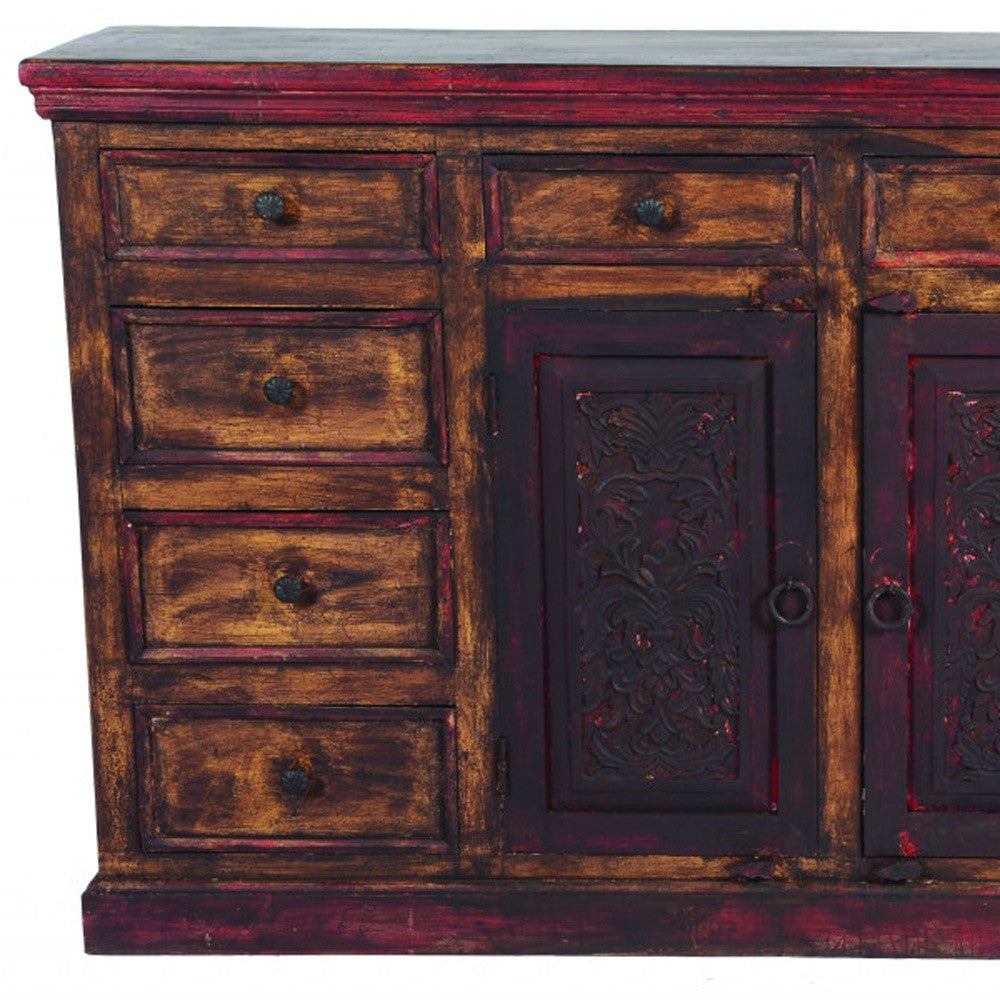 72" Brown And Red Distressed Solid Wood Carved Scrollwork Ten Drawer Buffet Table with Two Doors-Sideboards-DECOROLALA
