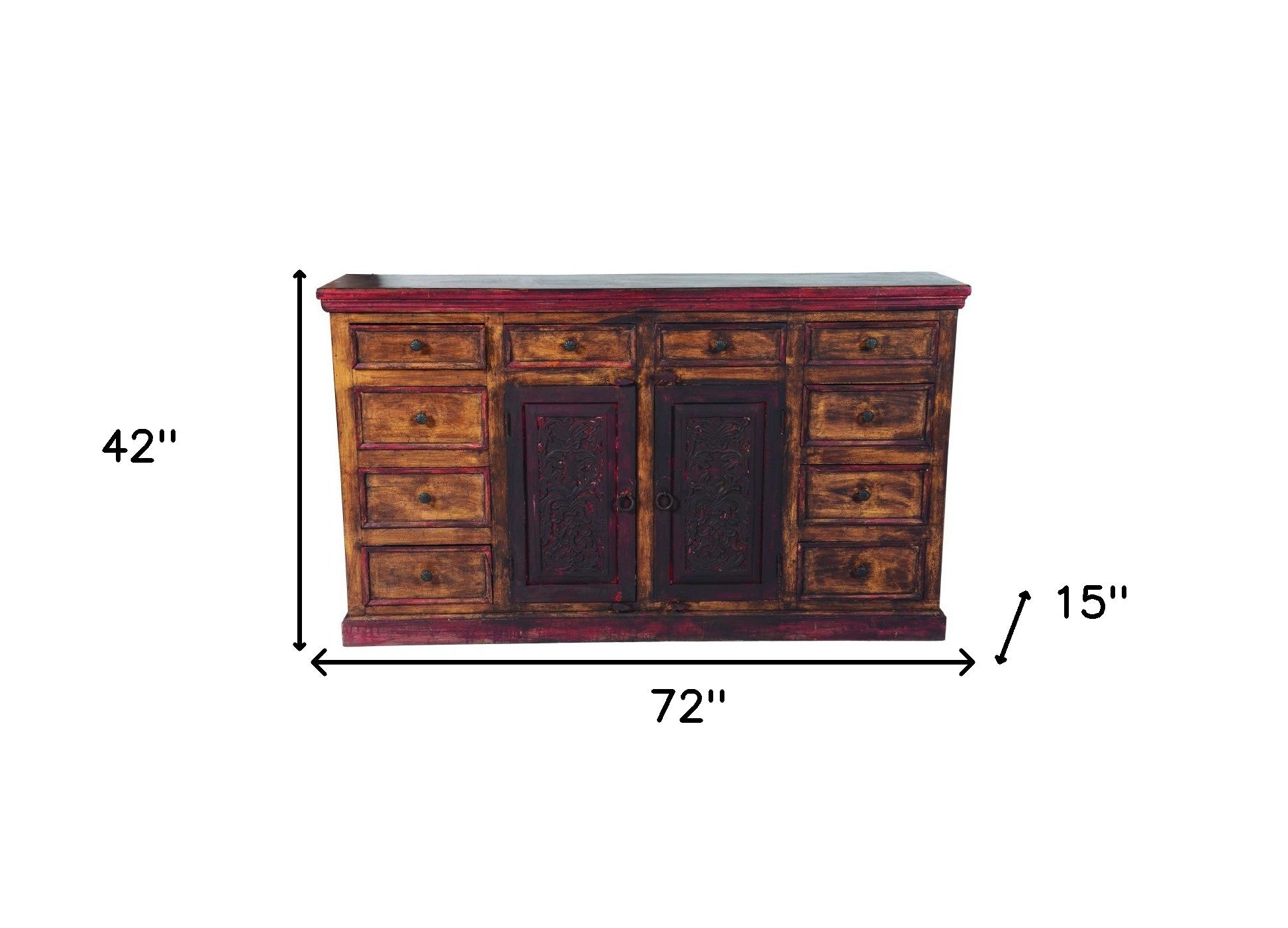 72" Brown And Red Distressed Solid Wood Carved Scrollwork Ten Drawer Buffet Table with Two Doors-Sideboards-DECOROLALA
