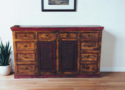 72" Brown And Red Distressed Solid Wood Carved Scrollwork Ten Drawer Buffet Table with Two Doors-Sideboards-DECOROLALA