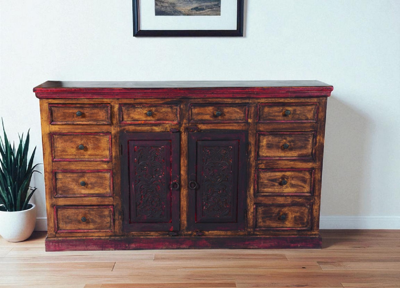72" Brown And Red Distressed Solid Wood Carved Scrollwork Ten Drawer Buffet Table with Two Doors-Sideboards-DECOROLALA