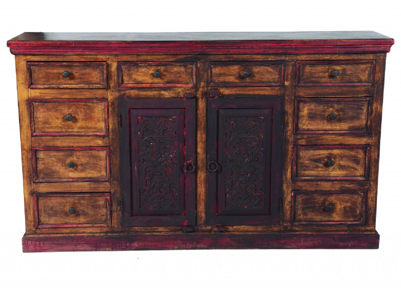 72" Brown And Red Distressed Solid Wood Carved Scrollwork Ten Drawer Buffet Table with Two Doors-Sideboards-DECOROLALA