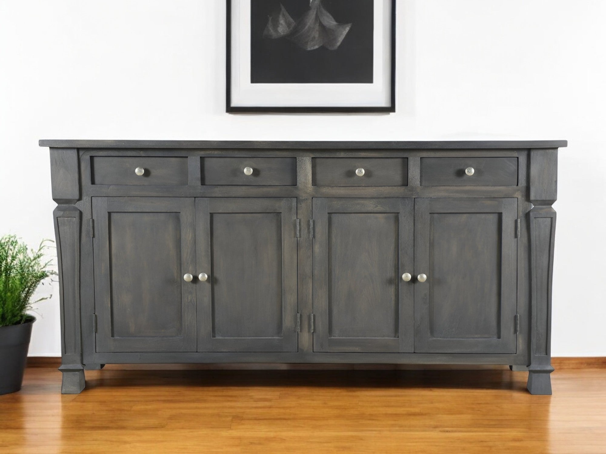 72" Dark Gray Solid Wood Four Drawer Sideboard with Four Doors-Sideboards-DECOROLALA