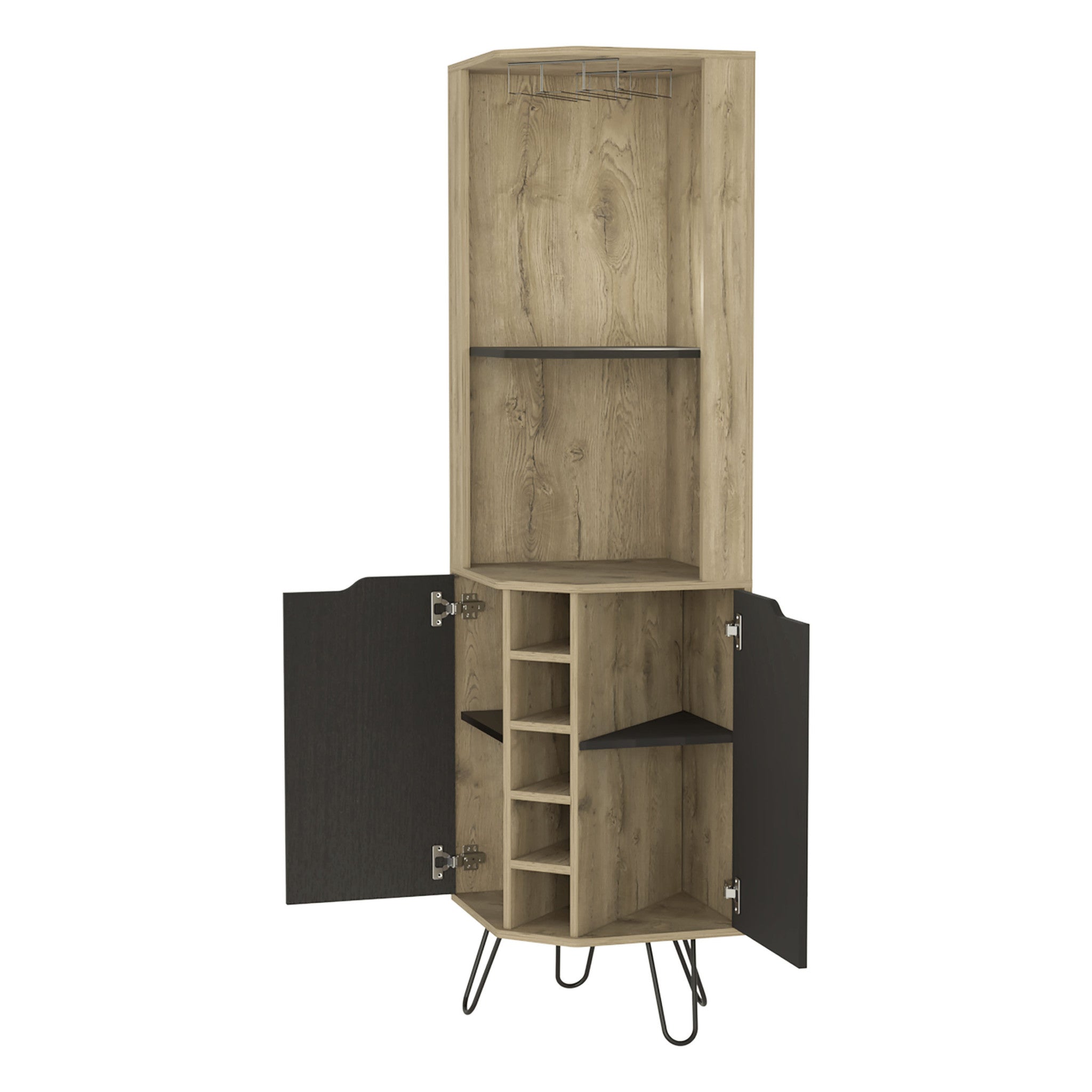 18" Brown and Black and Brown Corner Bar Cabinet With Eleven Shelves-2