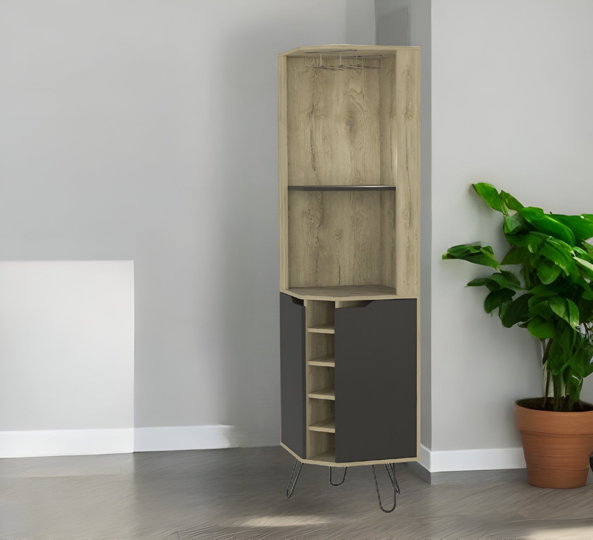 18" Brown and Black and Brown Corner Bar Cabinet With Eleven Shelves-1