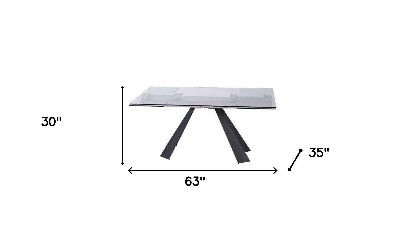 63" Clear And Black Glass And Metal Drop Leaf Pedestal Base Dining Table-Dining Tables-DECOROLALA