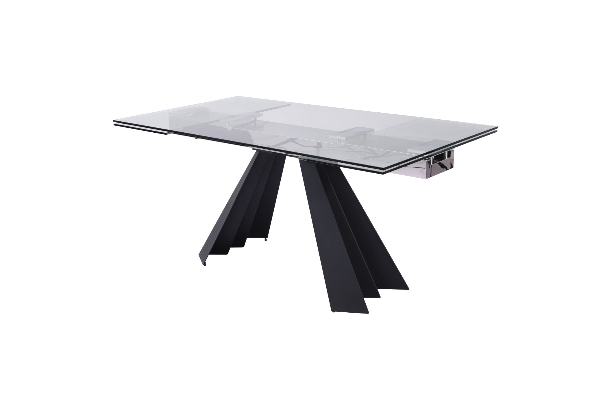 63" Clear And Black Glass And Metal Drop Leaf Pedestal Base Dining Table-Dining Tables-DECOROLALA