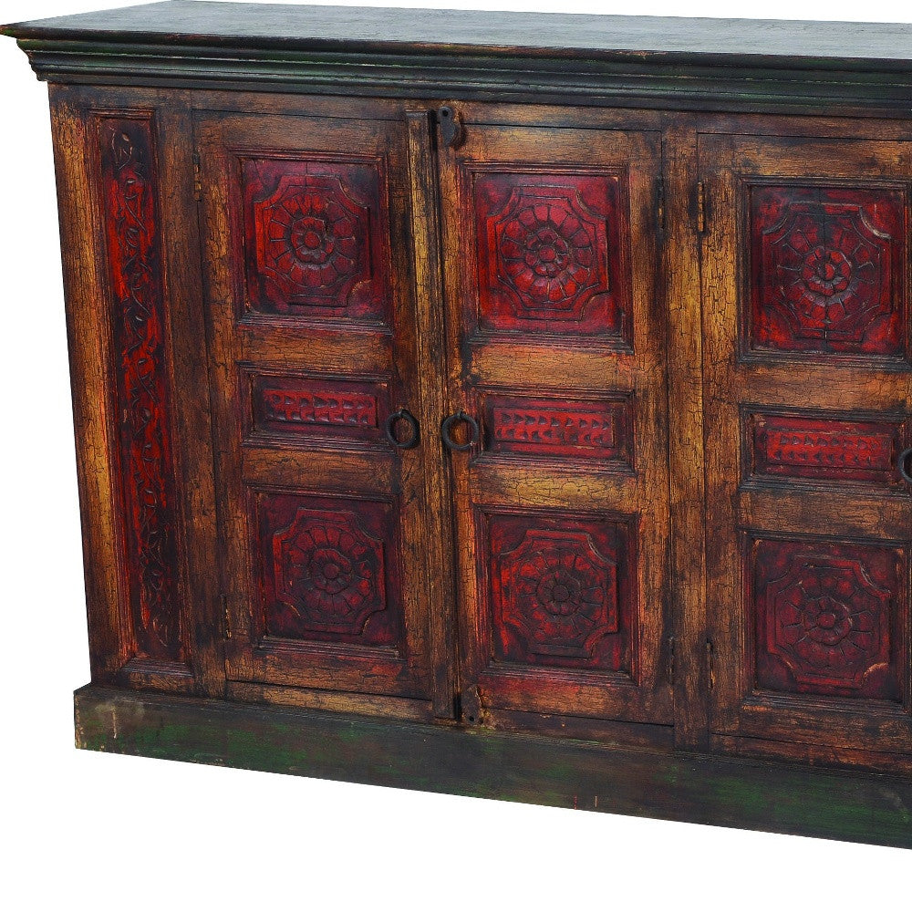 80" Brown And Red Distressed Solid Wood Carved Floral Buffet Table with Four Doors-Sideboards-DECOROLALA