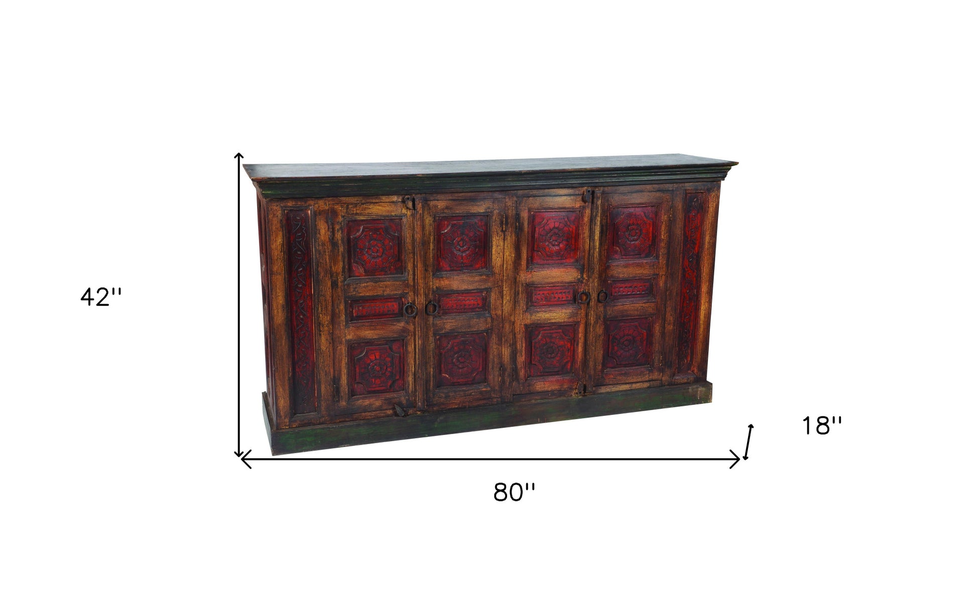 80" Brown And Red Distressed Solid Wood Carved Floral Buffet Table with Four Doors-Sideboards-DECOROLALA
