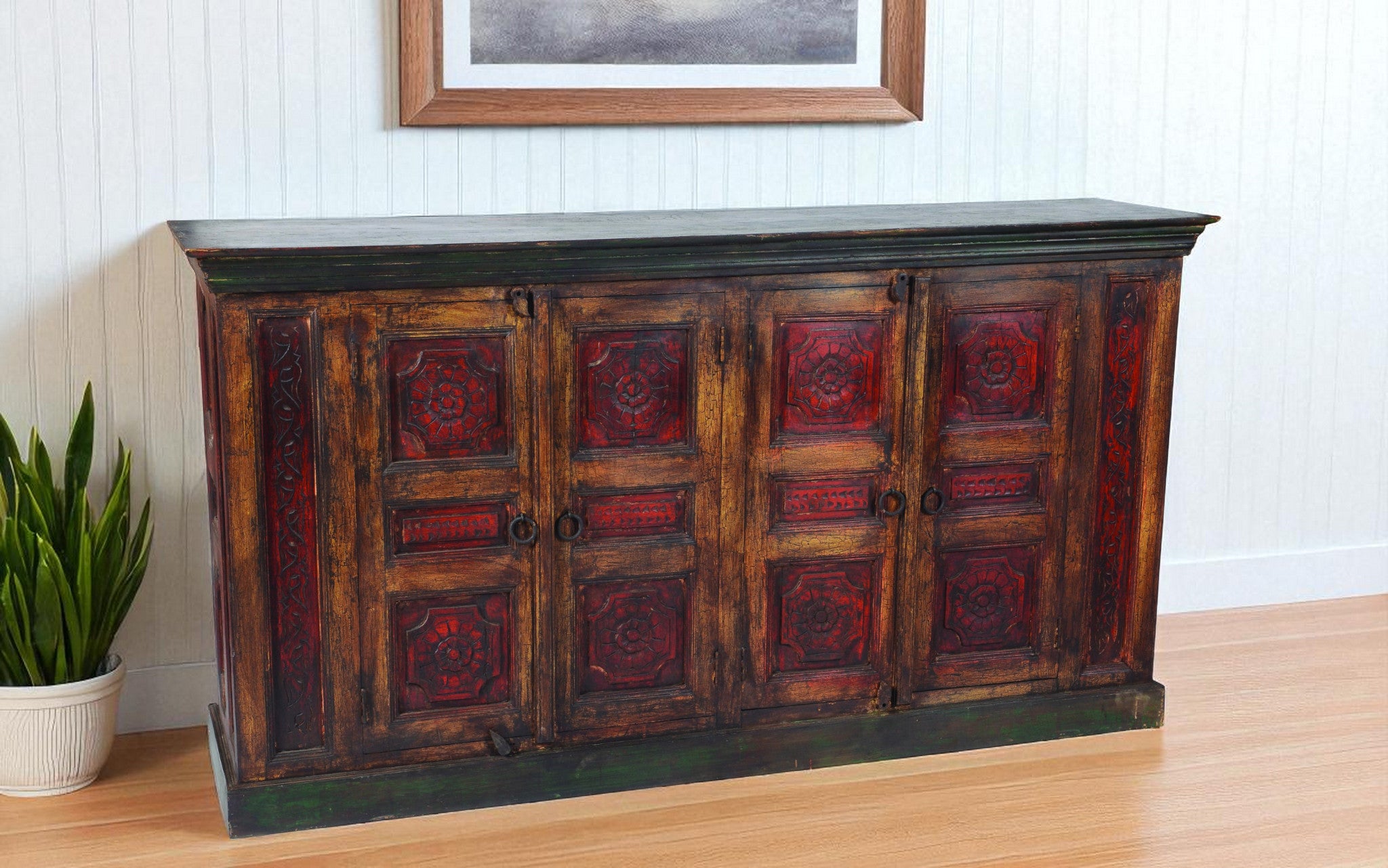 80" Brown And Red Distressed Solid Wood Carved Floral Buffet Table with Four Doors-Sideboards-DECOROLALA
