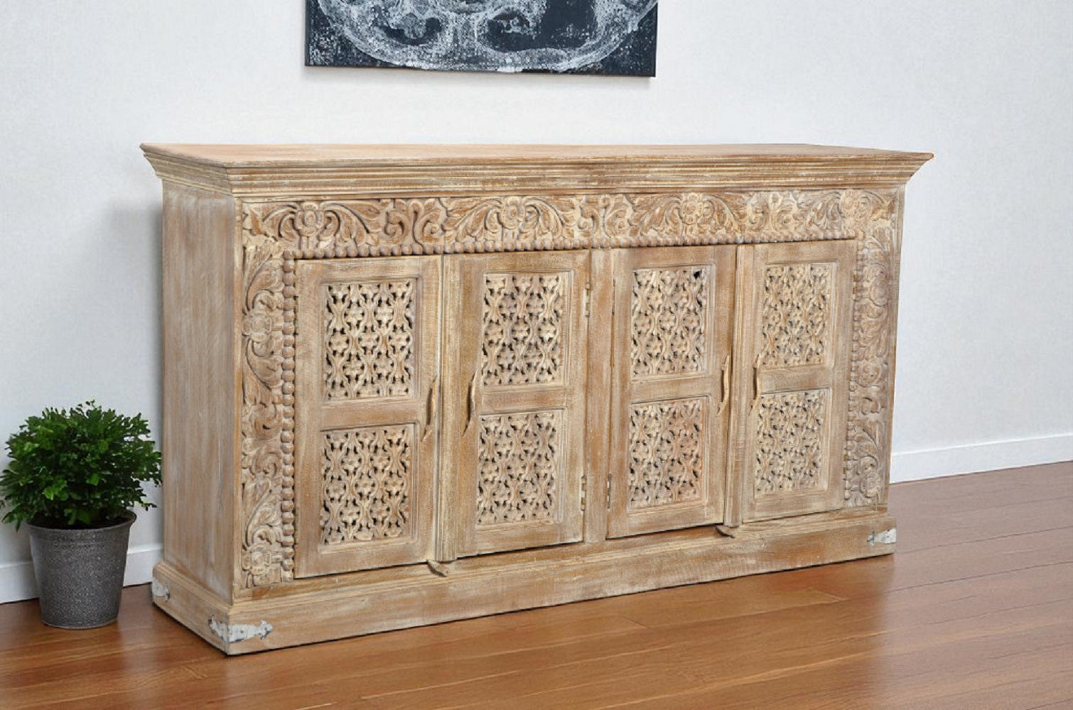 76" Antiqued White Distressed Solid Wood Carved Floral Sideboard with Four Doors-Sideboards-DECOROLALA