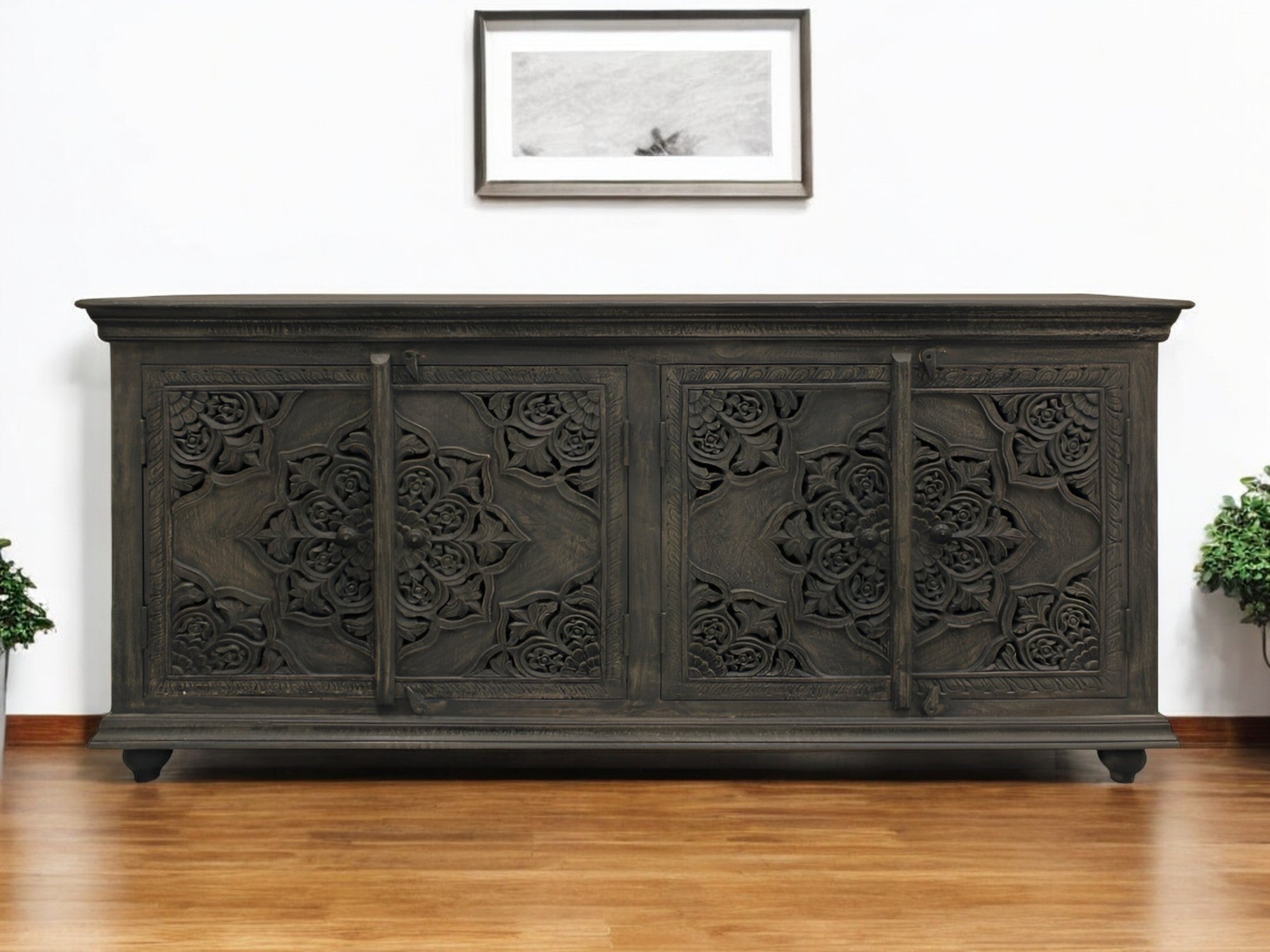 71" Distressed Gray Solid Wood Sideboard with Four Doors-Sideboards-DECOROLALA