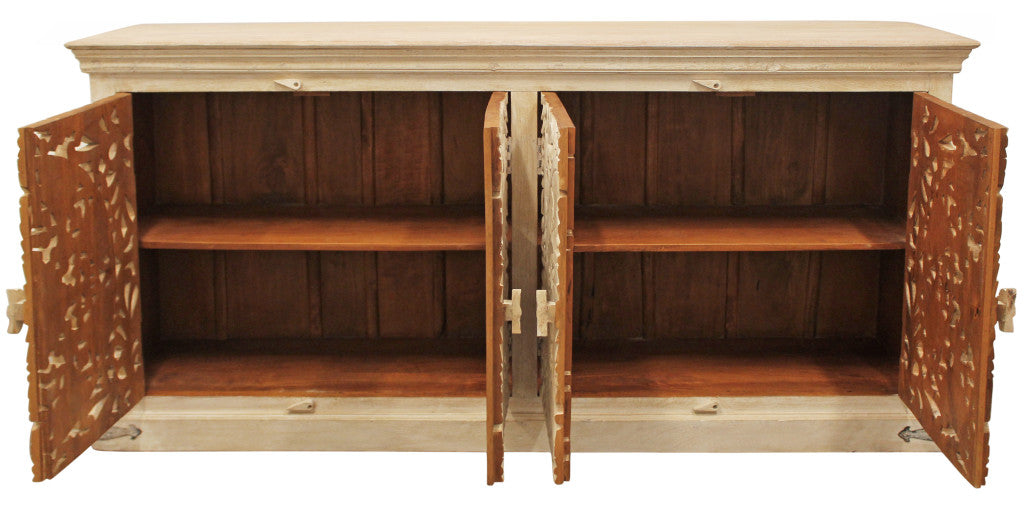 71" Beige Distressed Solid Wood Carved Scrollwork Sideboard with Four Doors-Sideboards-DECOROLALA