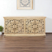 71" Beige Distressed Solid Wood Carved Scrollwork Sideboard with Four Doors-Sideboards-DECOROLALA