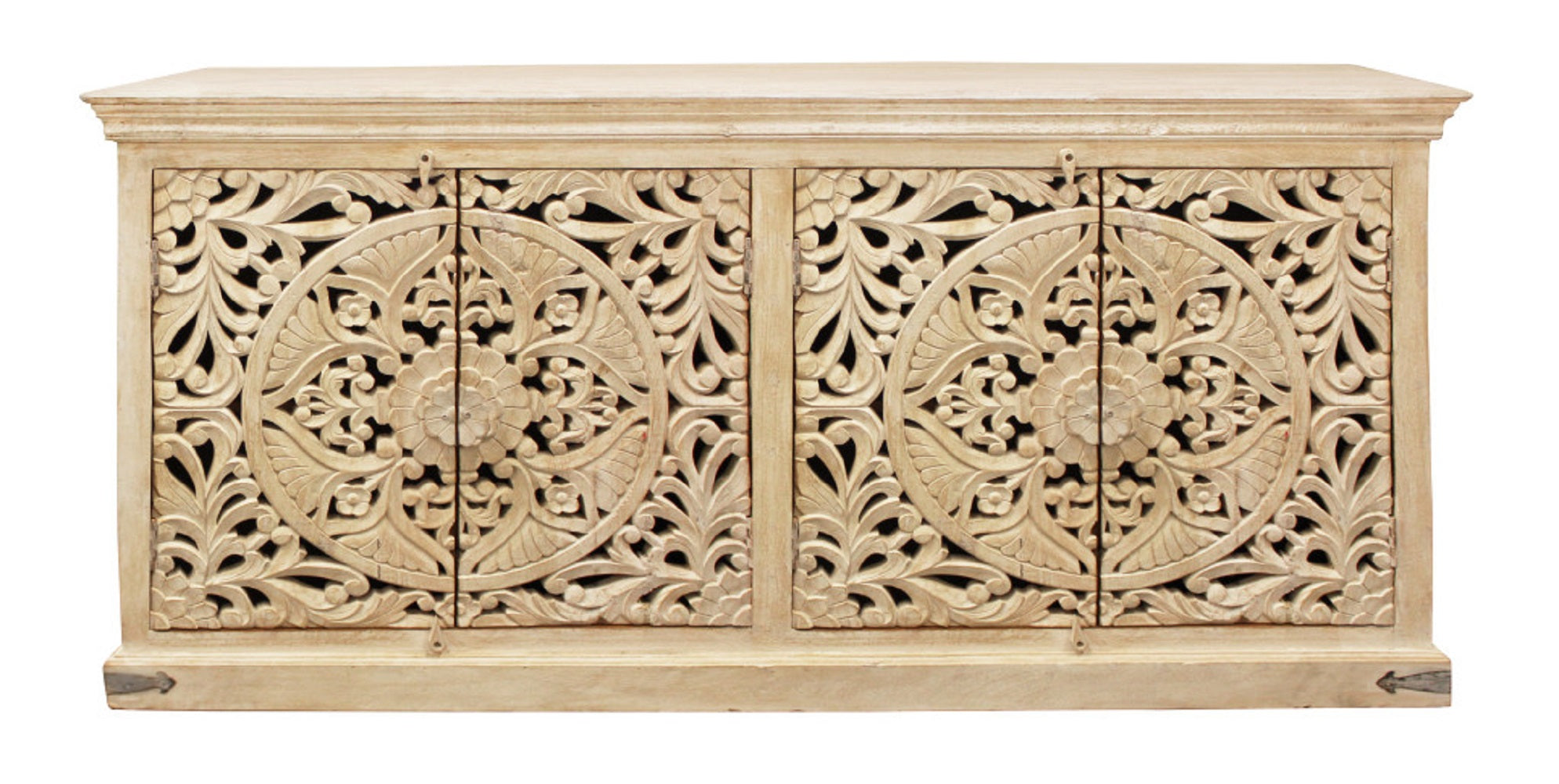 71" Beige Distressed Solid Wood Carved Scrollwork Sideboard with Four Doors-Sideboards-DECOROLALA