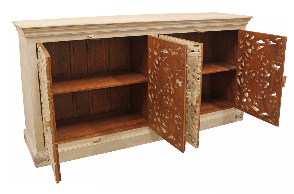 71" Beige Distressed Solid Wood Carved Scrollwork Sideboard with Four Doors-Sideboards-DECOROLALA