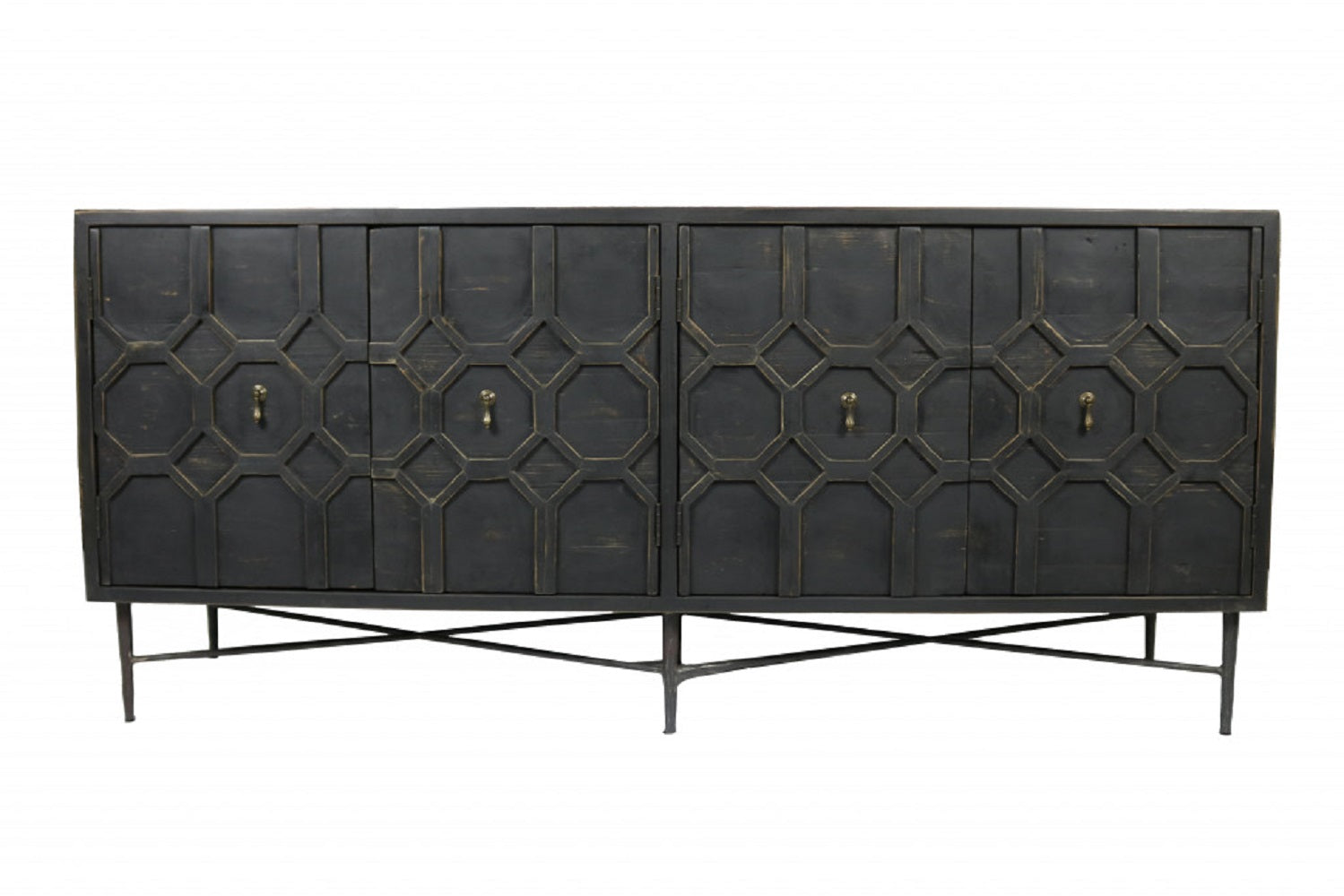 71" Brown Distressed Solid Wood Carved Geometric Sideboard with Four Doors-Sideboards-DECOROLALA