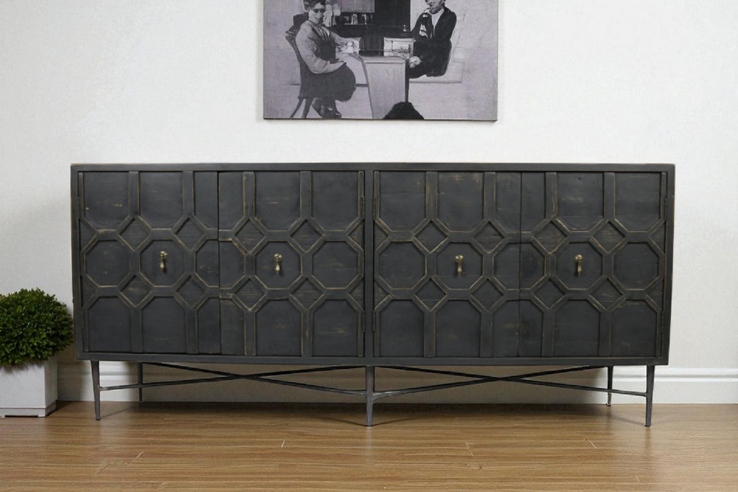 71" Brown Distressed Solid Wood Carved Geometric Sideboard with Four Doors-Sideboards-DECOROLALA