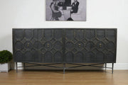 71" Brown Distressed Solid Wood Carved Geometric Sideboard with Four Doors-Sideboards-DECOROLALA