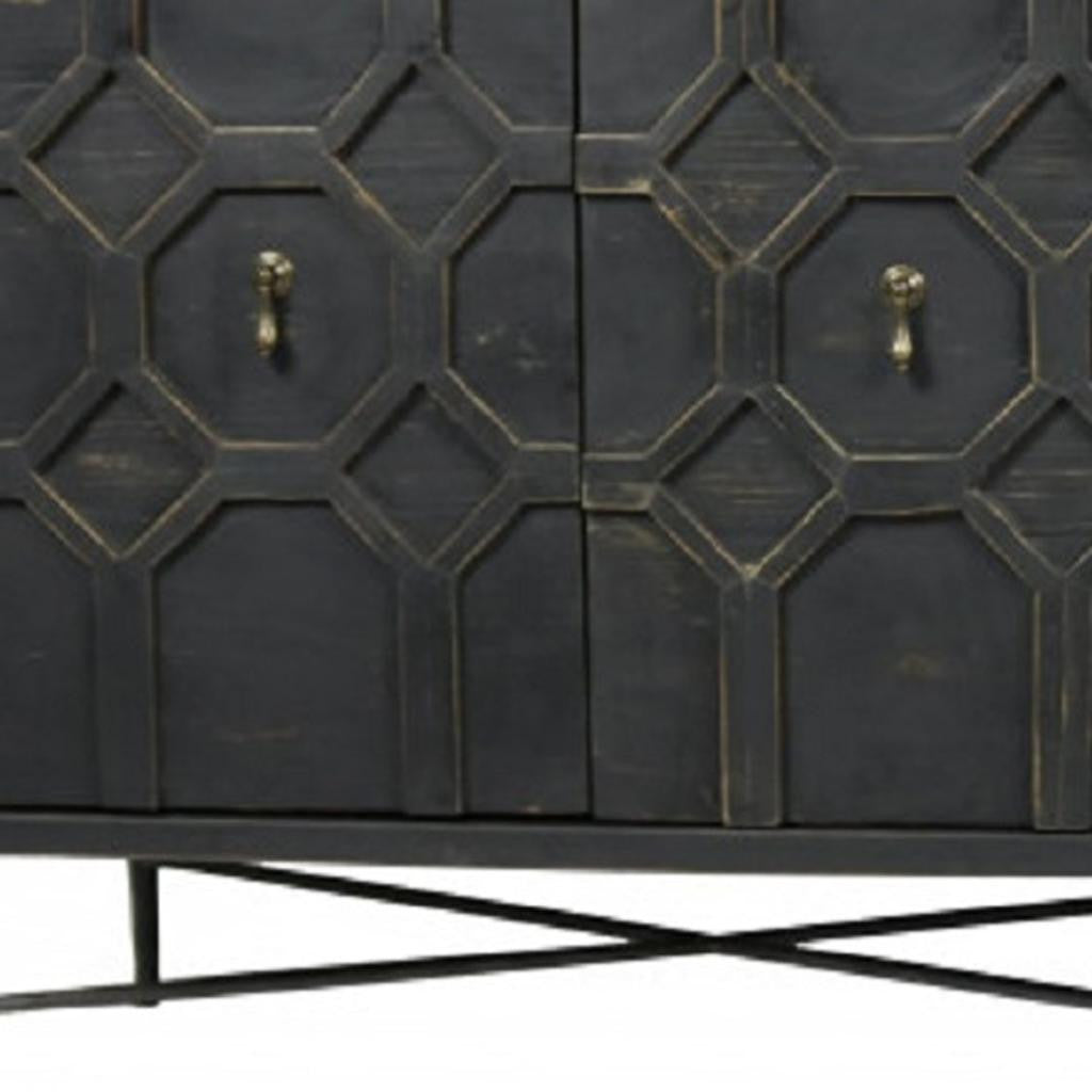 71" Brown Distressed Solid Wood Carved Geometric Sideboard with Four Doors-Sideboards-DECOROLALA