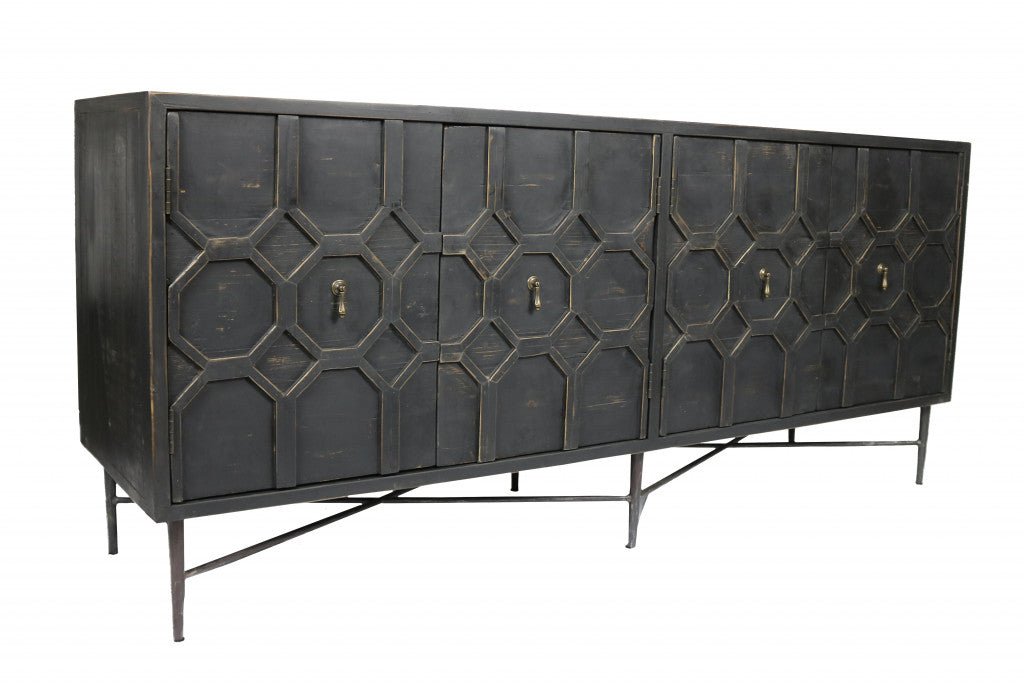 71" Brown Distressed Solid Wood Carved Geometric Sideboard with Four Doors-Sideboards-DECOROLALA