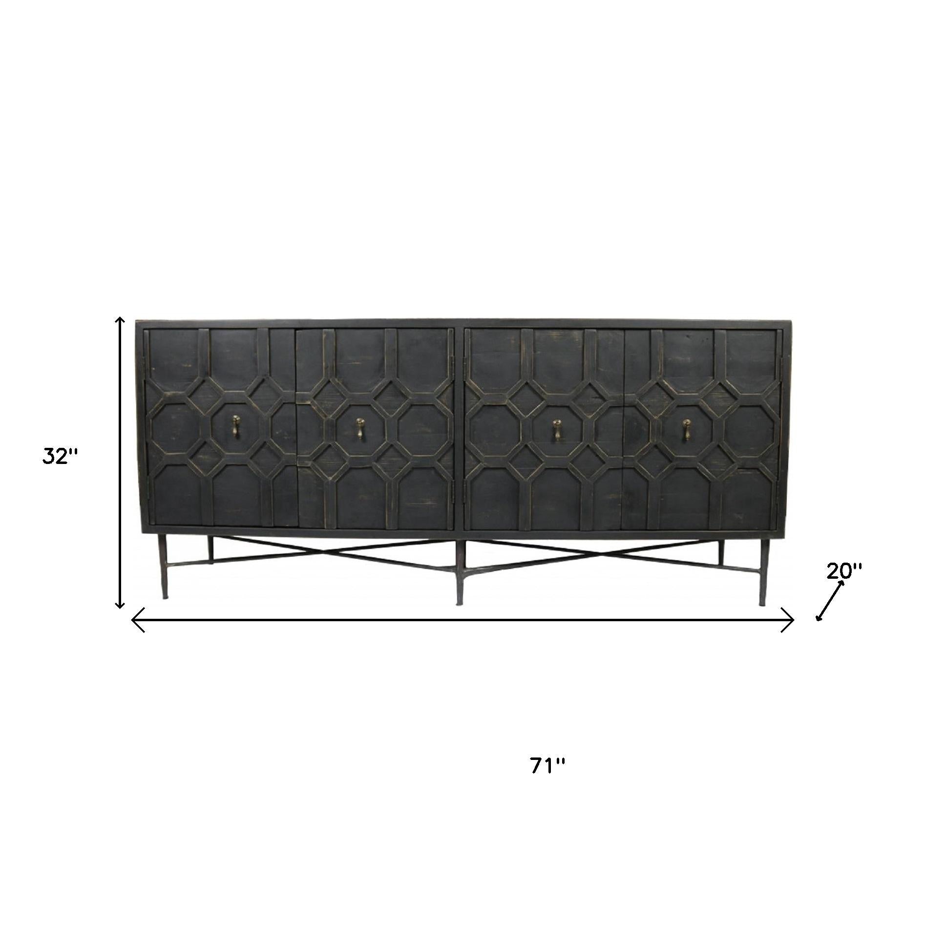 71" Brown Distressed Solid Wood Carved Geometric Sideboard with Four Doors-Sideboards-DECOROLALA