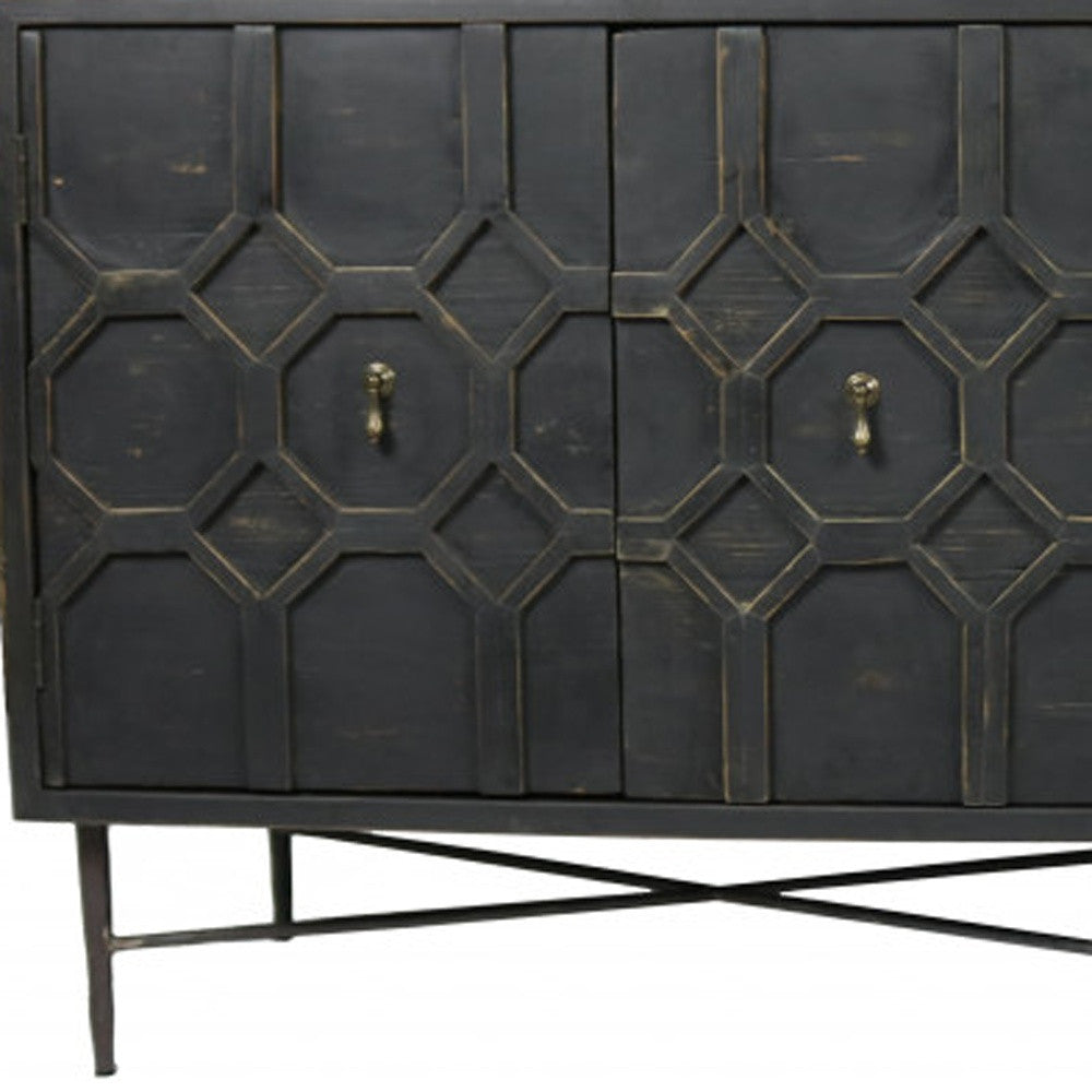 71" Brown Distressed Solid Wood Carved Geometric Sideboard with Four Doors-Sideboards-DECOROLALA