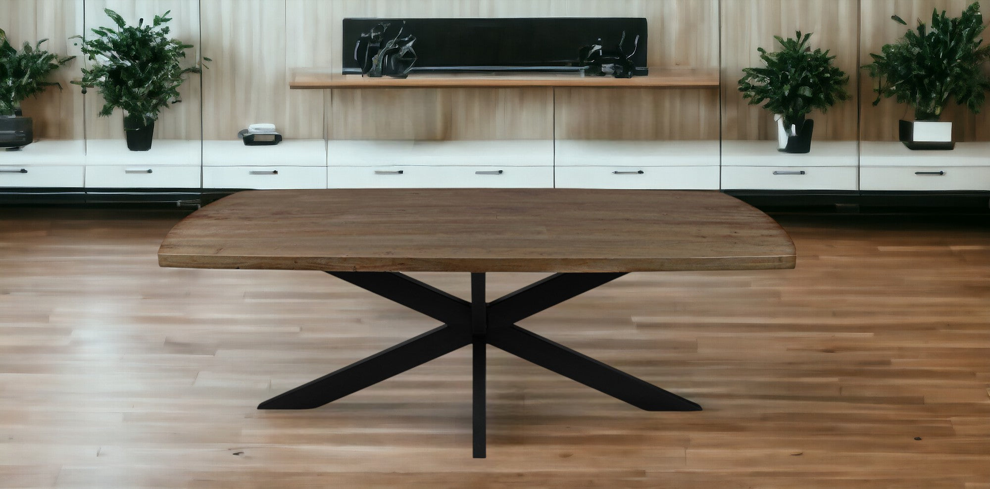 82" Natural And Black Solid Wood And Iron Pedestal Base Dining Table-Dining Tables-DECOROLALA